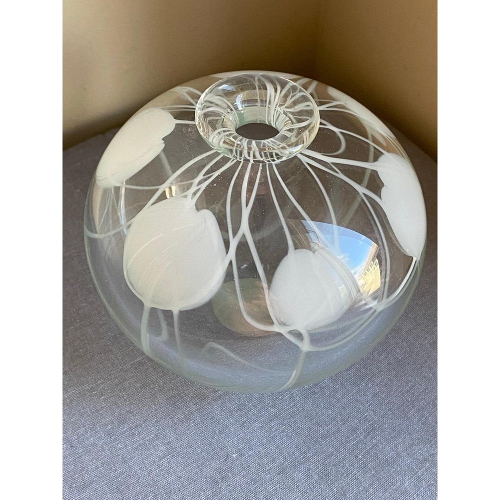 Mary Angus Bowl Vase Signed Studio Art Glass Etched Floral Frosted Ivy 1979 s8